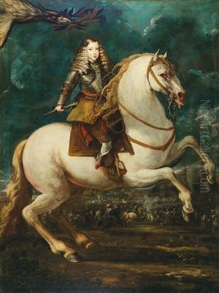 An Equestrian Portrait Of The Young King Charles Ii Of Spain Oil Painting by Sebastian De Herrera Barnuevo