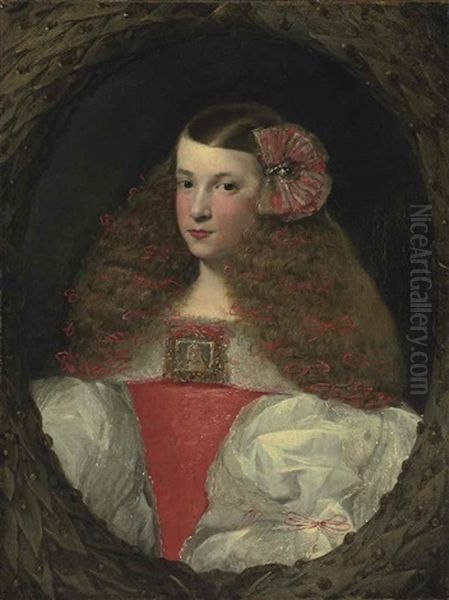 Portrait Of A Young Girl, Half-length, In A Feigned Wreath Oil Painting by Sebastian De Herrera Barnuevo