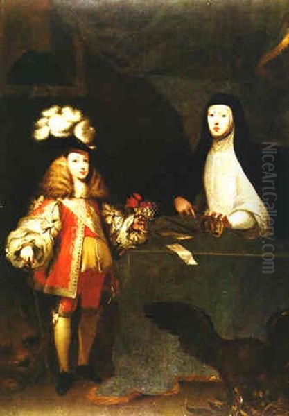 Retrato De Carlos Ii Nino Con Su Madre La Reina Mariana De Austria Oil Painting by Sebastian De Herrera Barnuevo