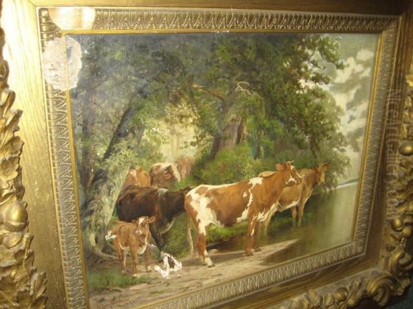 Cows Watering At A Stream Oil Painting by John Jay Barber