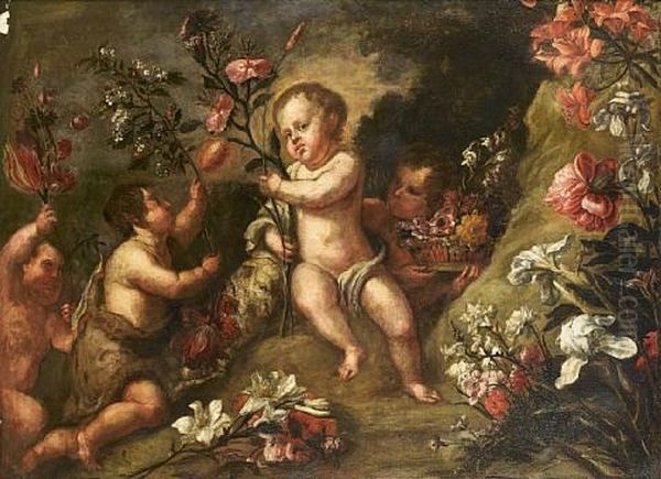 The Infant Saint John The Baptist Offering Flowers To The Infant Christ Attended By Two Putti Oil Painting by Francisco (El Mozzo) Herrera the Younger