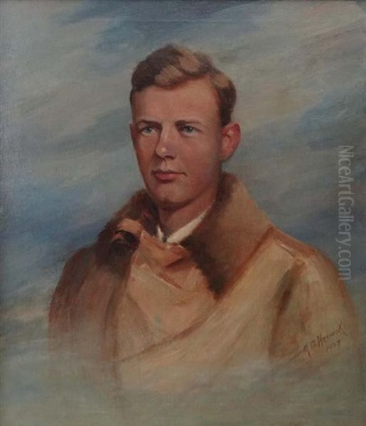 Portrait Of The Pioneering Aviator Charles Lindbergh In Flying Jacket Oil Painting by Margaret Cox Herrick