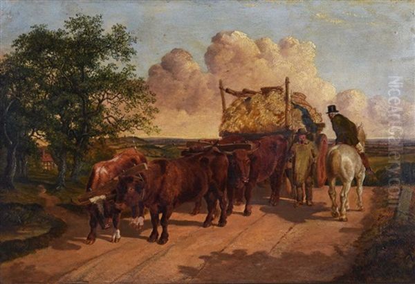 Man On Horseback Talking To Ox Wagon Leader Oil Painting by Benjamin Herring Jr.