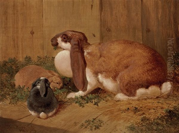 A Lop-eared Doe Rabbit And Her Young Oil Painting by Benjamin Herring Jr.