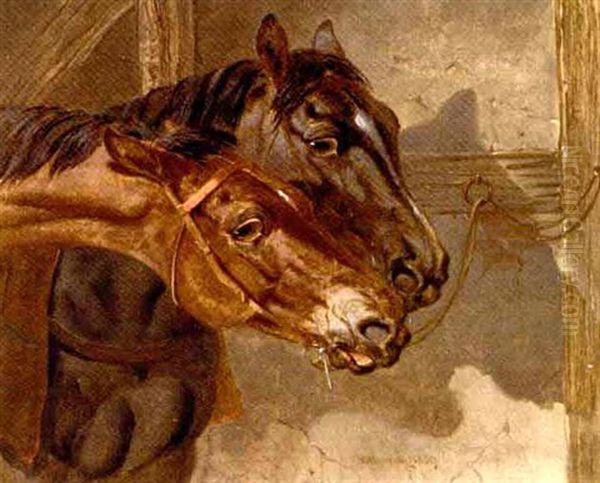 Horses Tethered In A Stable Oil Painting by Benjamin Herring Jr.