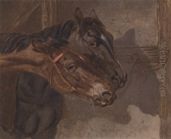 Horses Tethered In A Stable Oil Painting by Benjamin Herring Jr.