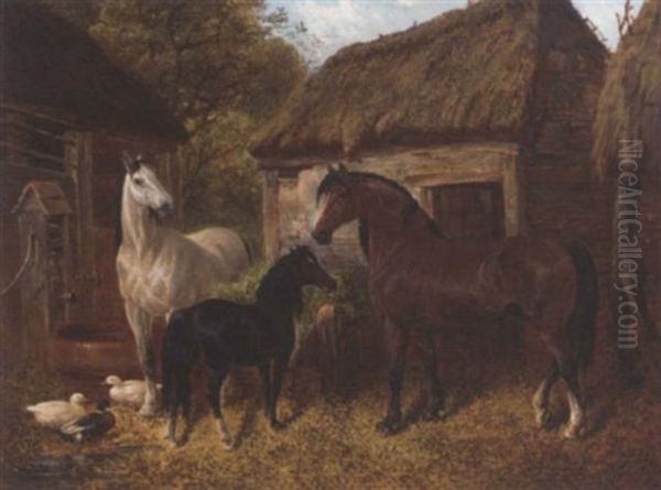 Horses And Ducks In A Farmyard Oil Painting by Benjamin Herring Jr.