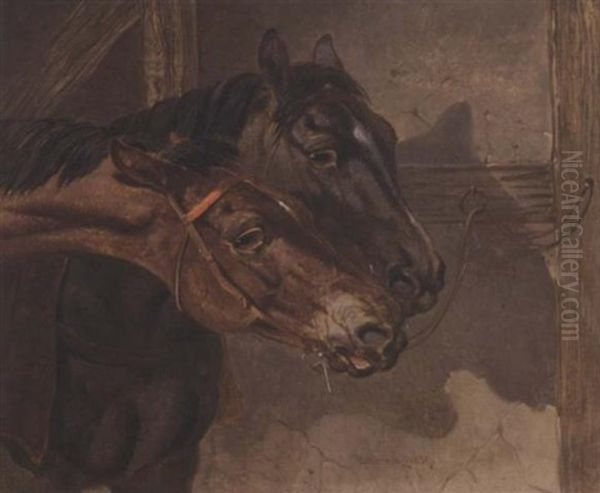 Horses Tethered In A Stable Oil Painting by Benjamin Herring Jr.