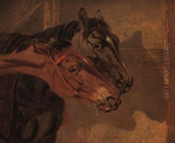 Horses Tethered In A Stable Oil Painting by Benjamin Herring Jr.