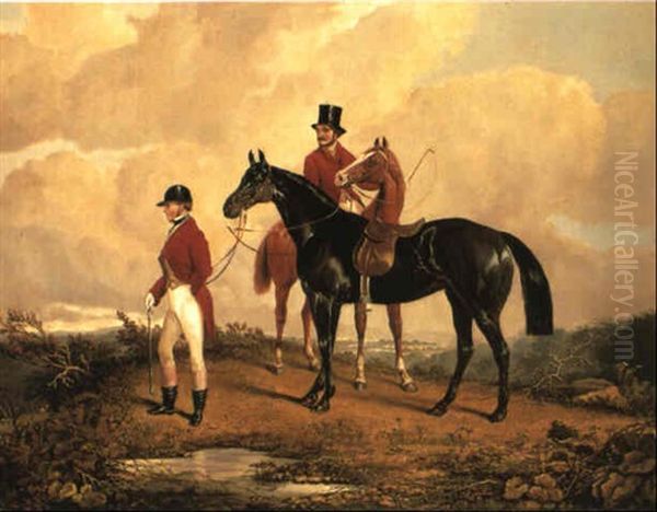 Two Huntsmen Overlooking A Bluff Oil Painting by Benjamin Herring Jr.