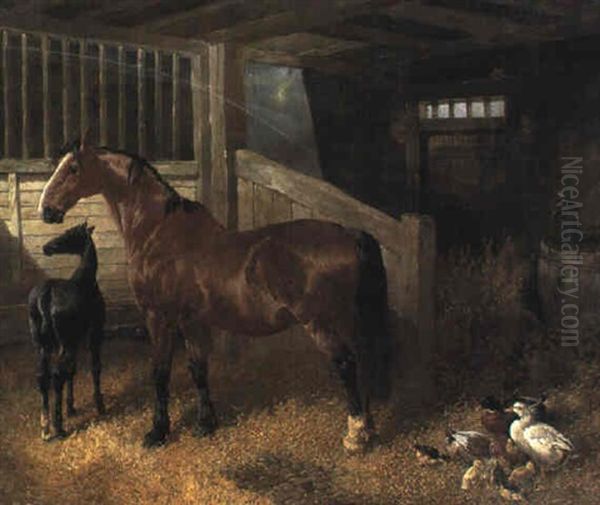 Horses And Ducks In A Barn Oil Painting by Benjamin Herring Jr.