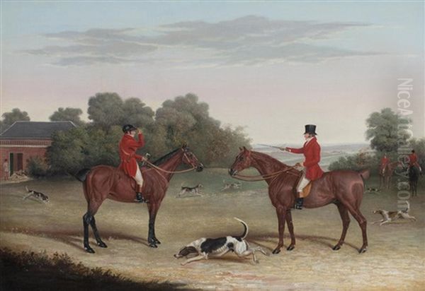 A Master And Huntsman Outside Kennels Oil Painting by Benjamin Herring Sr.