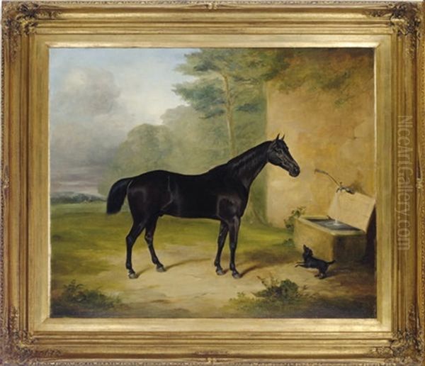 A Black Horse And Dog By The Water Trough by Benjamin Herring Sr.