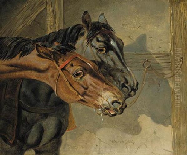 Horses Tethered In A Stable Oil Painting by Benjamin Herring Sr.