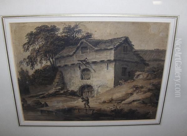 Figure Before A Riverside Cottage Oil Painting by Joseph Ii Barber