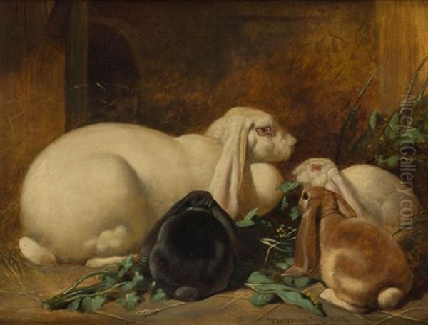 A Family Of Rabbits Oil Painting by John Frederick Herring the Elder