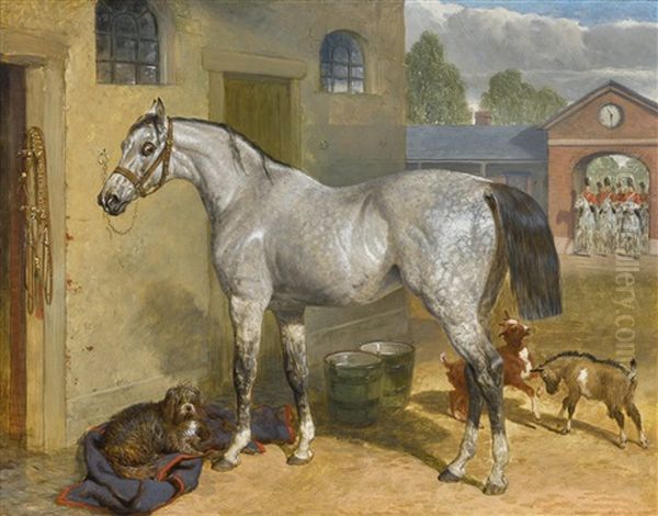 One Of The Scots Greys In A Yard With Dog And Goats Oil Painting by John Frederick Herring the Elder