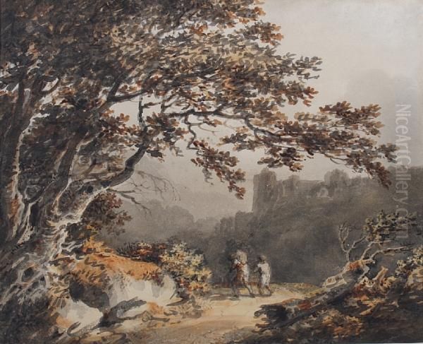 Travellers On A Country Path, A Castle Beyond Oil Painting by Joseph Ii Barber