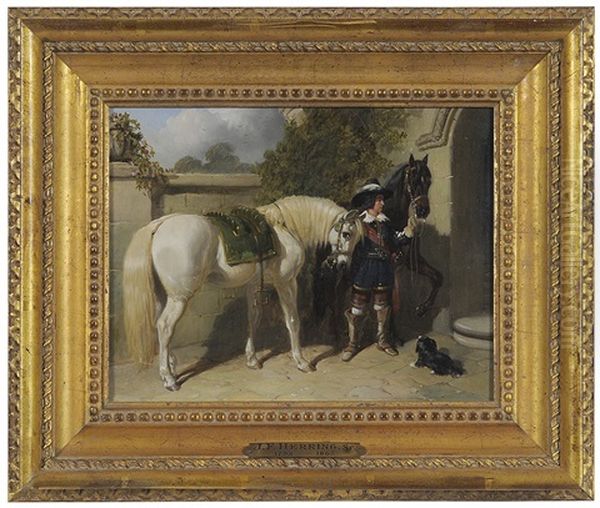 Courtier, Horses And Dog In A Courtyard Oil Painting by John Frederick Herring the Elder