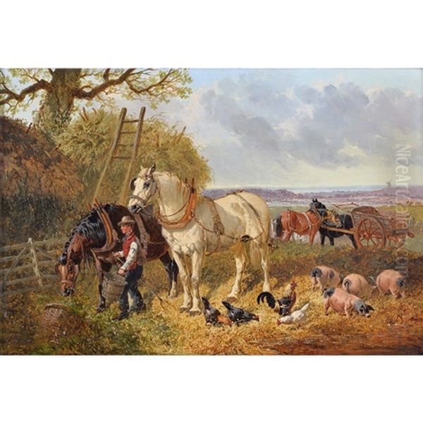 Farmyard In Winter; Farmyard In Summer Oil Painting by John Frederick Herring the Younger