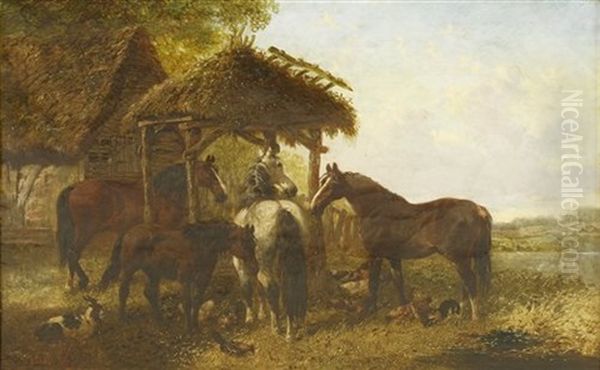 Horses In A Farmyard Oil Painting by John Frederick Herring the Younger