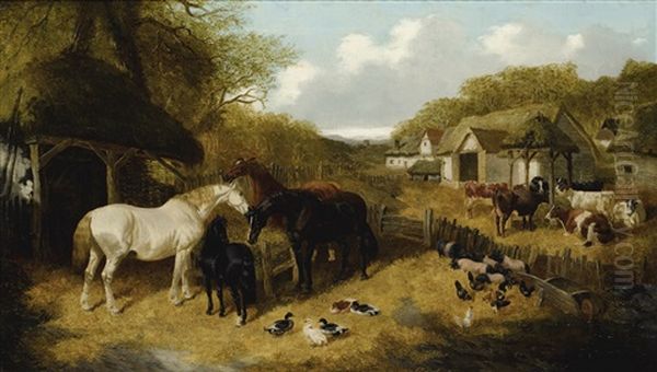 Cattle, Pigs, Ducks, Chickens And Horses In A Farmyard Oil Painting by John Frederick Herring the Younger