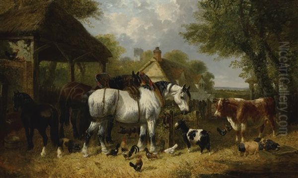 Shire Horses, Pigs And Other Livestock By A Stable With A Cottage And Church Beyond Oil Painting by John Frederick Herring the Younger