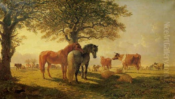 Cattle, Sheep And Horses Beneath Trees Oil Painting by Charles Herring