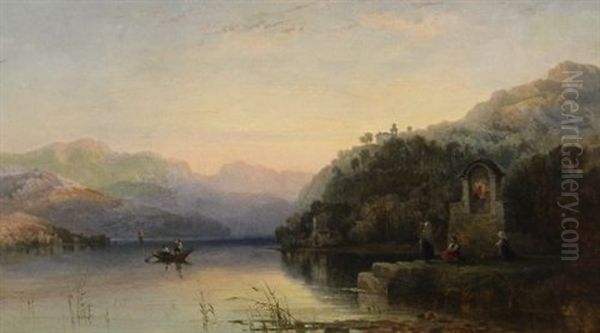 Italian Lake Scene At Evening With Figures Beside The Shrine Oil Painting by George Edward Herring