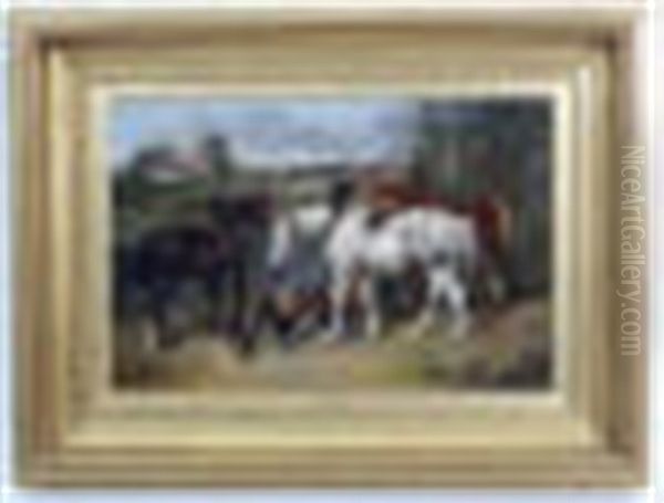 Three Working Horses With Chickens Drinking From A Water Trough Whilst The Hunt Goes By Oil Painting by James Herring