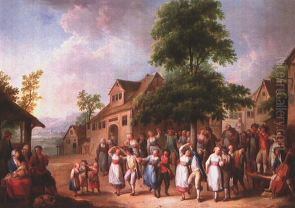 Markttreiben Mit Commedia Dell'arte Und Verkaufer Sowie Affchen (+ Musikanten Und Tanzende Paare Auf Dem Dorfplatz; Pair) Oil Painting by Johann Andreas Herrlein