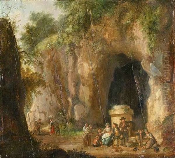 Waldlandschaft Mit Fahrendem Volk.vor Einem Denkmal Im Schatten Einer Grotte Oil Painting by Johann Andreas Herrlein