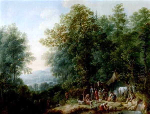 Waldlandschaft Mit Jagdgesellschaft Oil Painting by Johann Andreas Herrlein