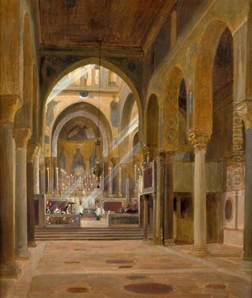 Eine Messe In Der Cappella Palatina Im Konigspalast In Palermo Oil Painting by Alexander Herrmann