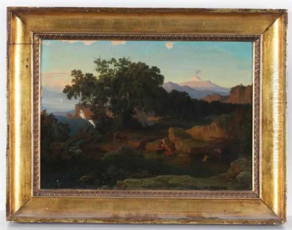 Der Vesuv Im Abendlicht Mit Weiter Kustenlandschaft Und Mythologischer Staffage Im Vordergrund (zentauren Mit Badenen Nymphen) Oil Painting by Alexander Herrmann