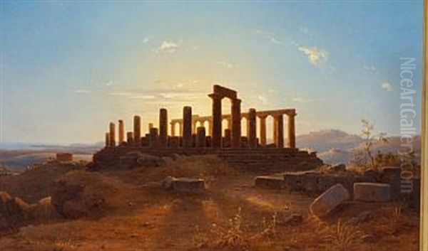 The Temples Of Girgenti, Evening Atmosphere Oil Painting by Alexander Herrmann