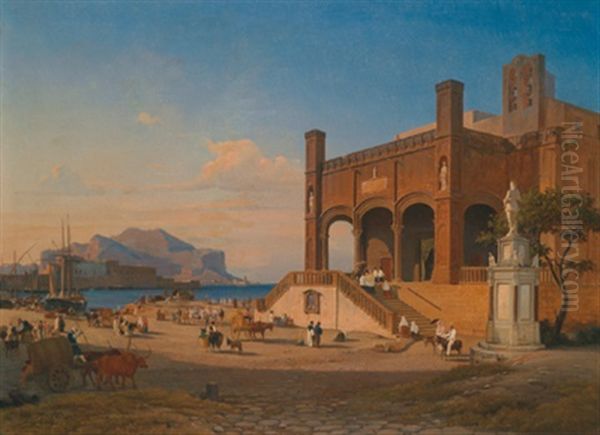 Santa Maria Della Catena Im Hafen Vor Palermo, Im Hintergrund Der Monte Pellegrino Oil Painting by Alexander Herrmann