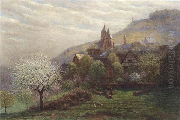 Baumblute Vor Einer Ortschaft (oberlahnstein?) Oil Painting by Franz Herrmann