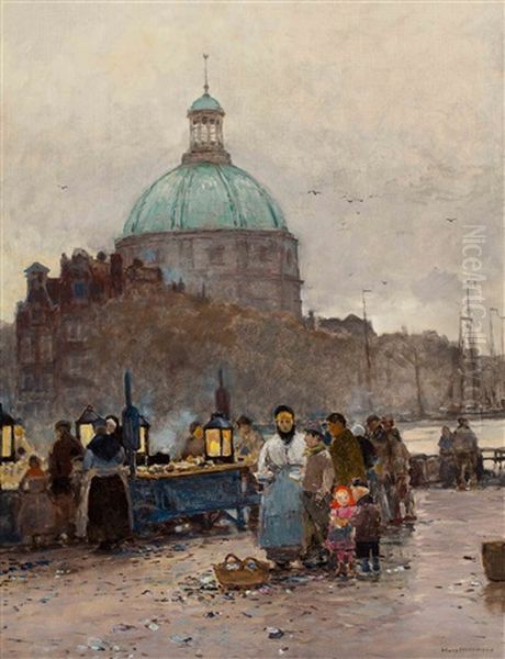 Evening Market On The Singel, Near The Lutheran Church In Amsterdam Oil Painting by Hans Herrmann