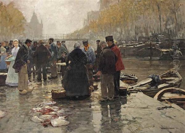 Fischmarkt In Amsterdam (the Fish Market On The Geldersekade Near The Nieuwmarkt With The Schreierstoren In The Distance) Oil Painting by Hans Herrmann