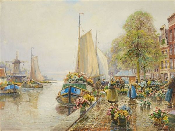 A Dutch Flower Market Oil Painting by Hans Herrmann