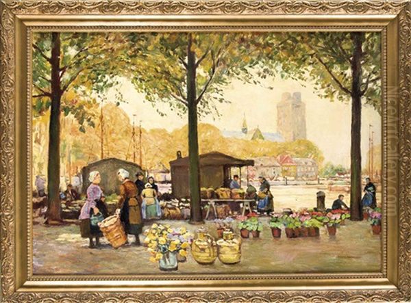 Groser Blumenmarkt In Dordrecht Oil Painting by Hans Herrmann