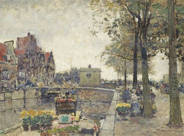 A Flower Barge On The Canal Oil Painting by Hans Herrmann