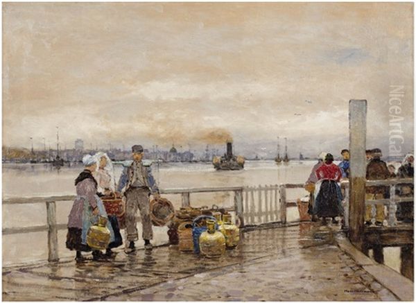 A Market Scene By A Dutch Harbour Oil Painting by Hans Herrmann