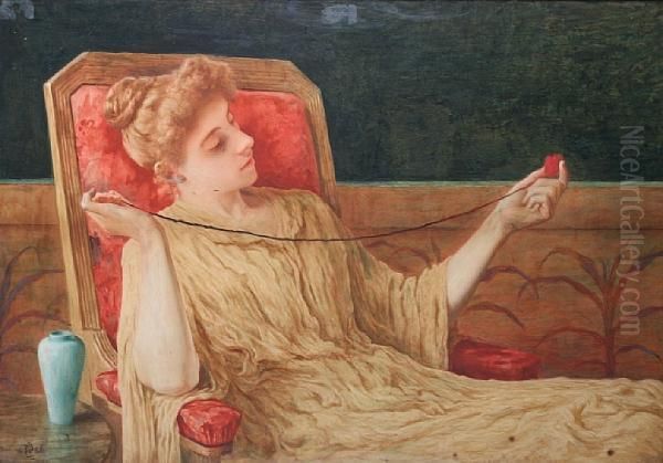 'idling', A Young Lady Seated, Unravelling Aball Of Wool Oil Painting by Reginald Barber