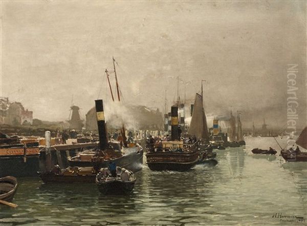 View Of A Dutch Harbor Oil Painting by Hans Herrmann