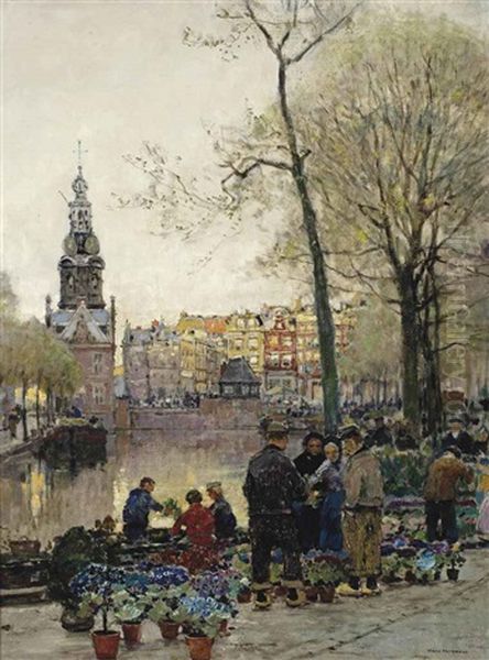 Flowermarket In Amsterdam, The Munt Beyond Oil Painting by Hans Herrmann