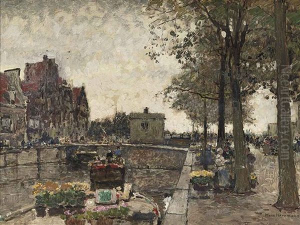 Flower Market, Amsterdam Oil Painting by Hans Herrmann