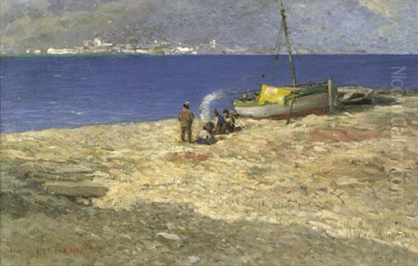 Rastende Fischer Mit Booten An Italienischer Kuste Oil Painting by Hans Herrmann