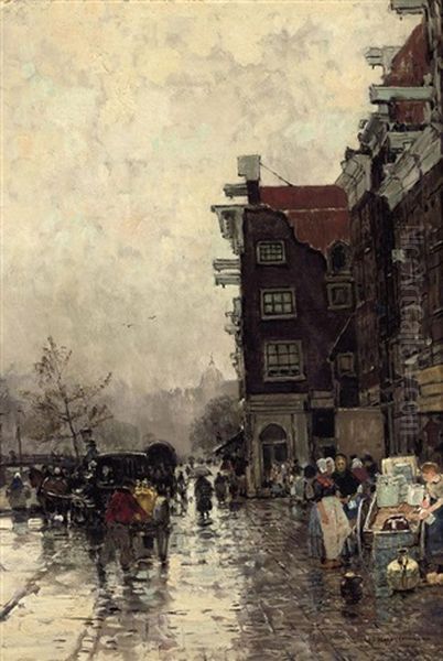 Strasse In Amsterdam (a Busy Day In Amsterdam) Oil Painting by Hans Herrmann